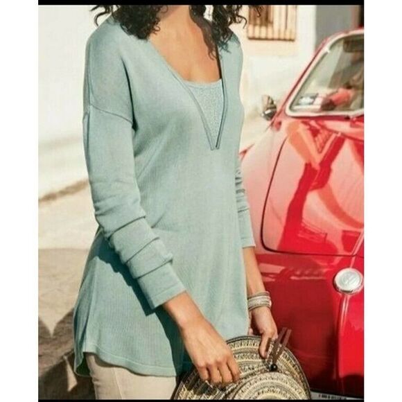 Soft Surroundings Womens M Green Seri Tunic Sweater Long Sleeve Metallic Accents - Picture 1 of 5